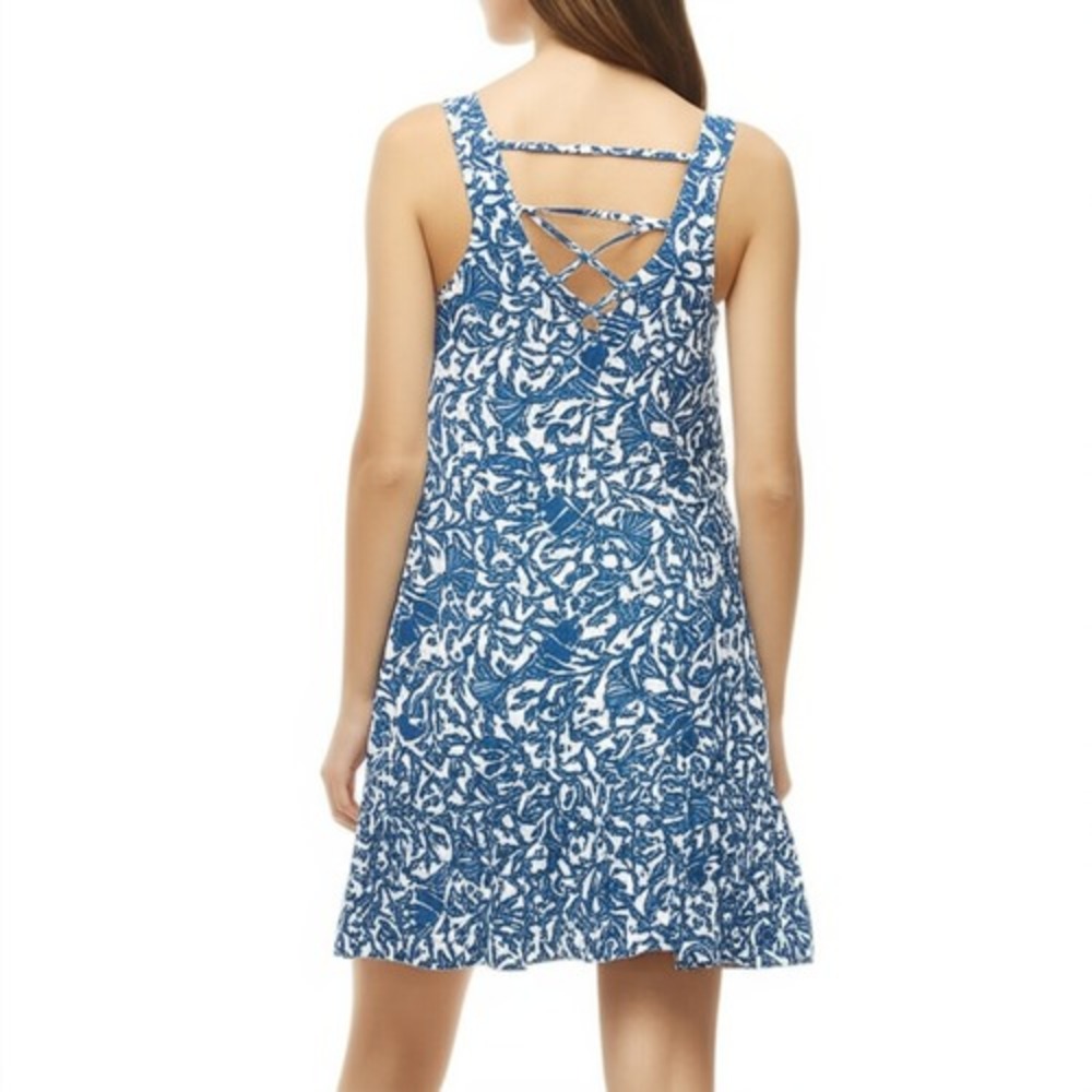 Lily Pulizter Blue White Sleeveless Ruffled Hem Criss Cross Blue Mini Dress XL